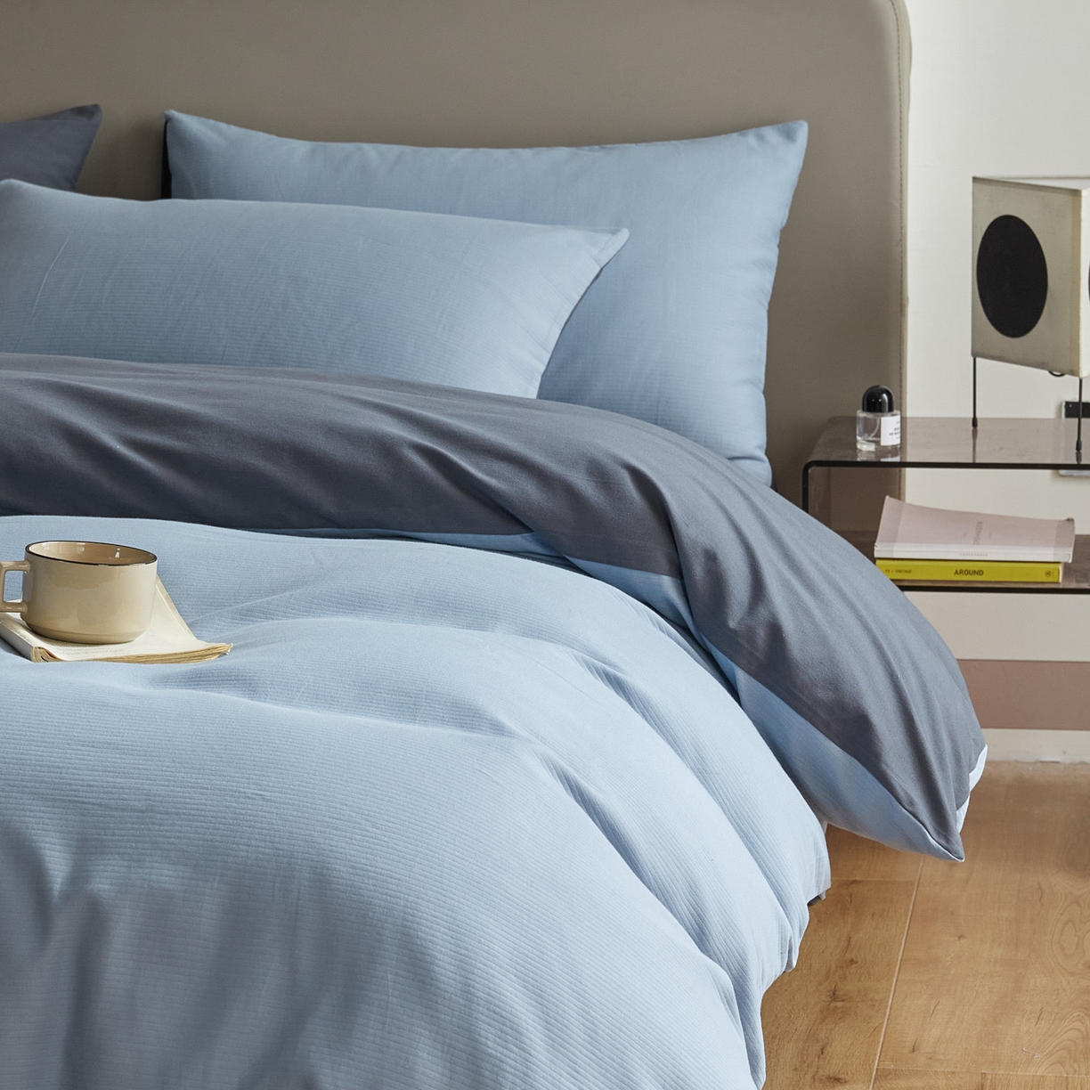 91家纺网 家纺一手货源 找家纺 慕尚家纺 2025新款100s全棉提花磨毛四件套 亚蓝+朵蓝色