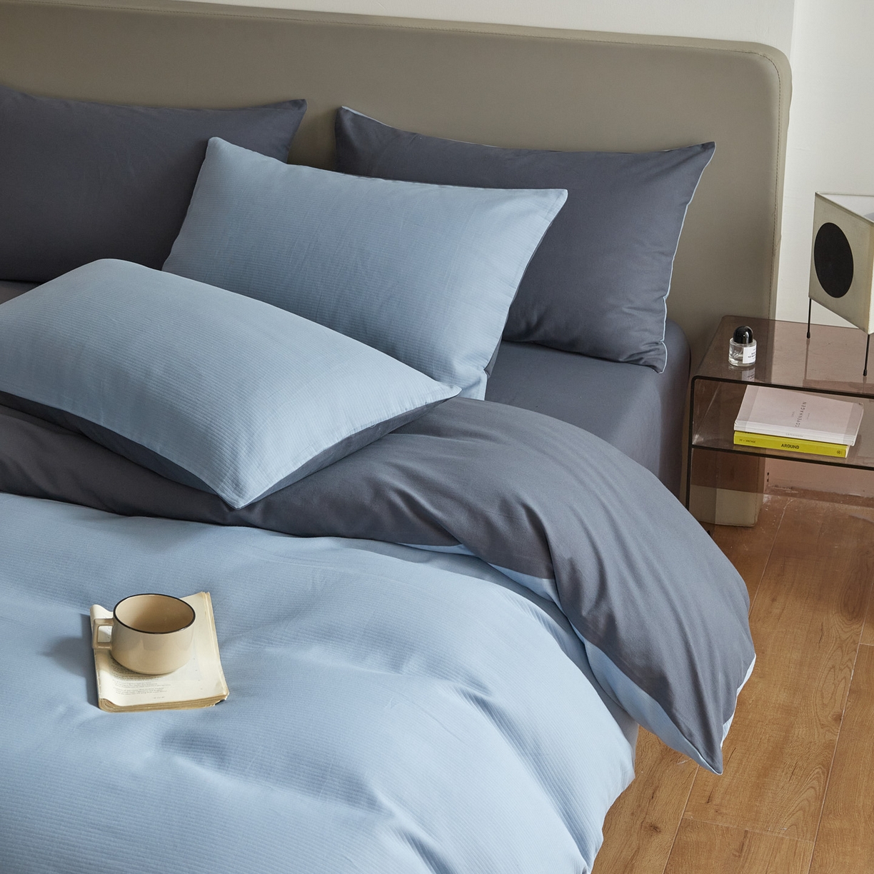 91家纺网 家纺一手货源 找家纺 慕尚家纺 2025新款100s全棉提花磨毛四件套 亚蓝+朵蓝色