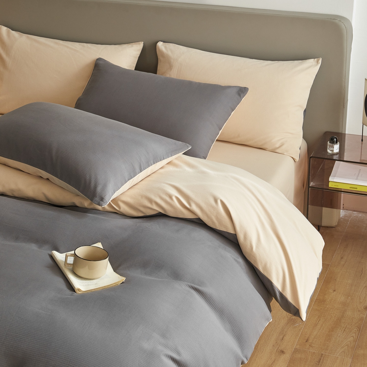 91家纺网 家纺一手货源 找家纺 慕尚家纺 2025新款100s全棉提花磨毛四件套 香灰+夕照白