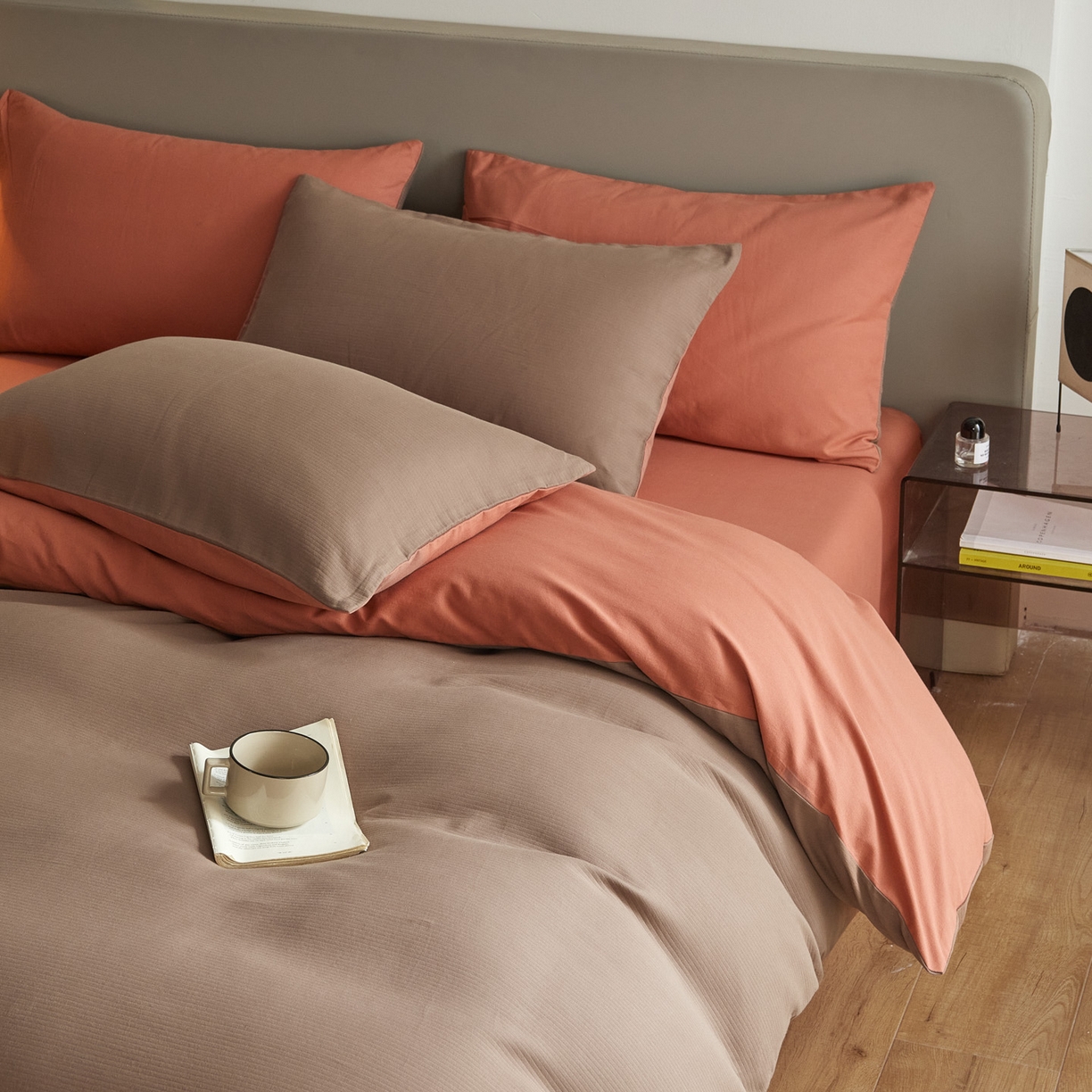 91家纺网 家纺一手货源 找家纺 慕尚家纺 2025新款100s全棉提花磨毛四件套 暖咖+橘黄