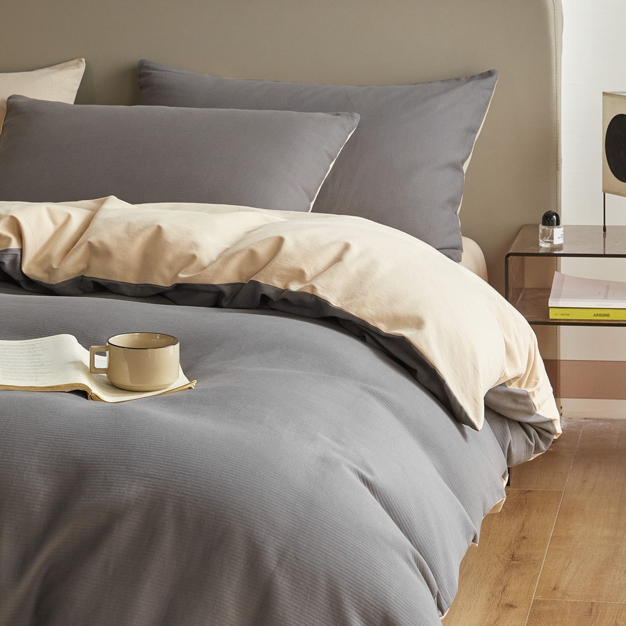 91家纺网 家纺一手货源 找家纺 慕尚家纺 2025新款100s全棉提花磨毛四件套 香灰+夕照白