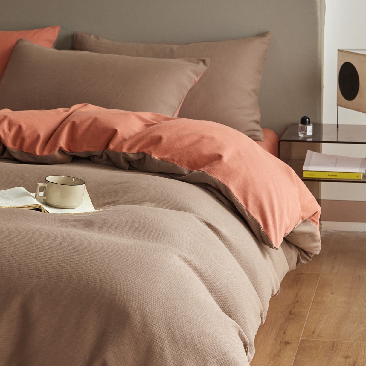 91家纺网 家纺一手货源 找家纺 慕尚家纺 2025新款100s全棉提花磨毛四件套 暖咖+橘黄