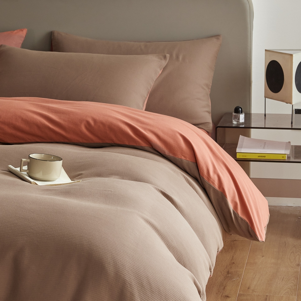 91家纺网 家纺一手货源 找家纺 慕尚家纺 2025新款100s全棉提花磨毛四件套 暖咖+橘黄