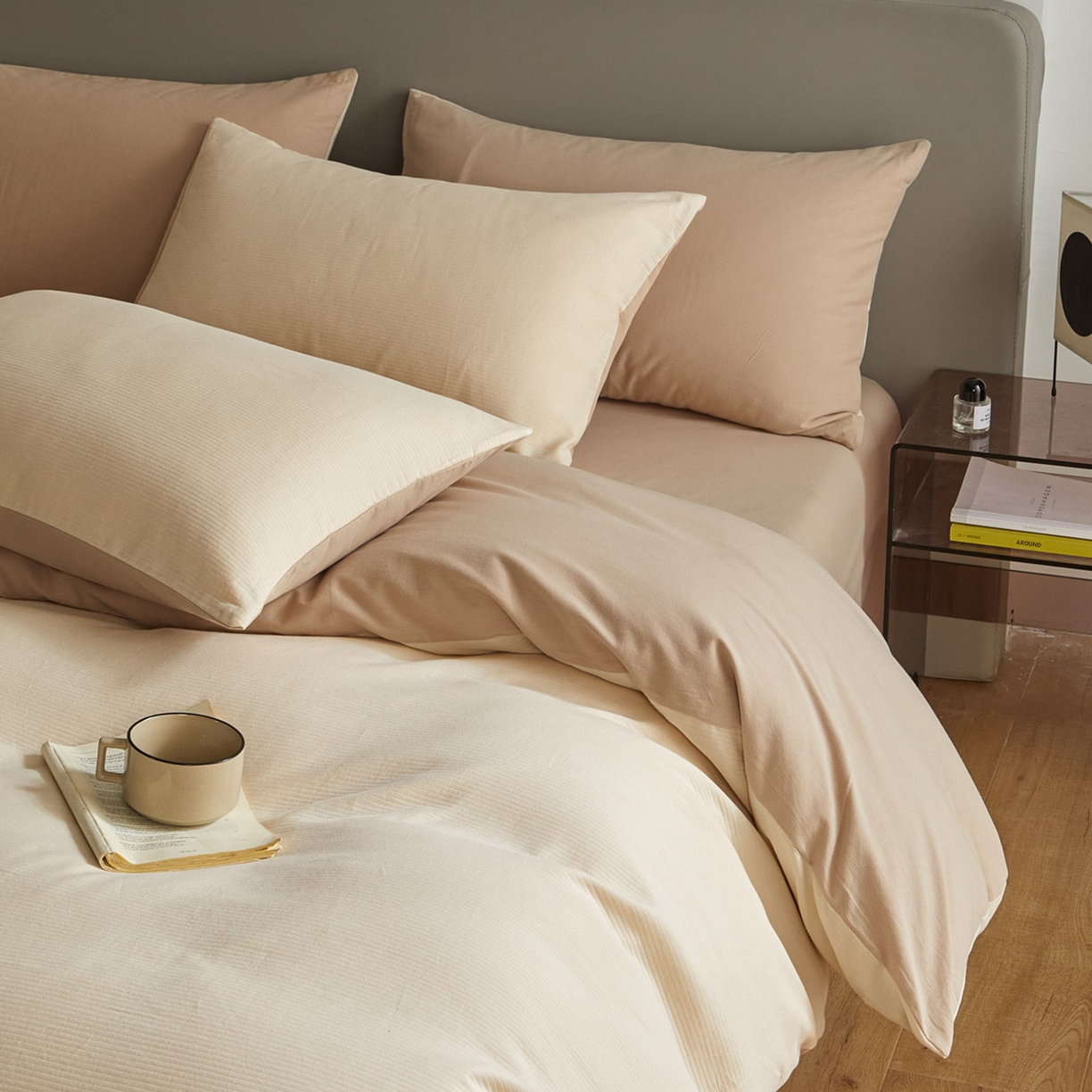 91家纺网 家纺一手货源 找家纺 慕尚家纺 2025新款100s全棉提花磨毛四件套 落日夕照+亚麻浅咖