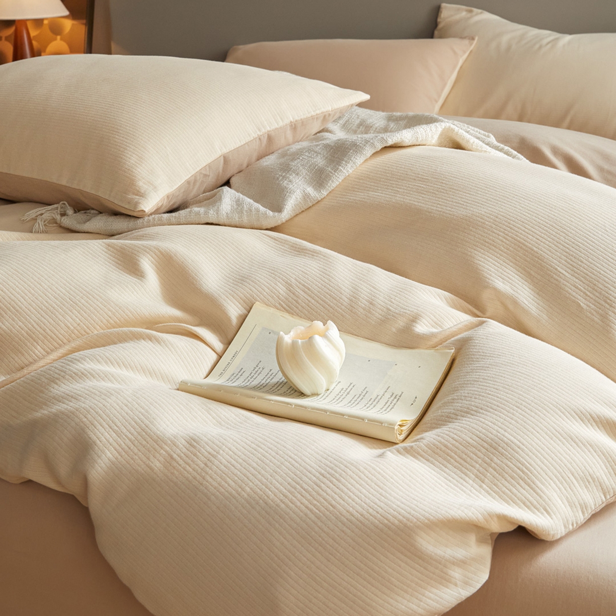 91家纺网 家纺一手货源 找家纺 慕尚家纺 2025新款100s全棉提花磨毛四件套 落日夕照+亚麻浅咖