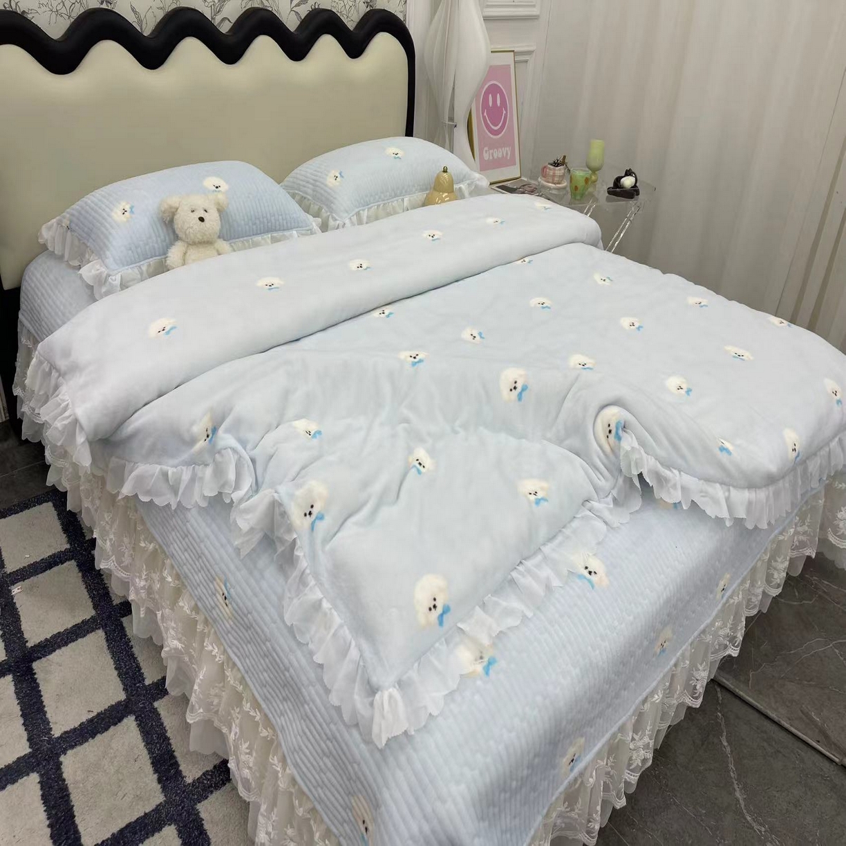 91家纺网 家纺一手货源 找家纺 （总）禧瑞谷 2025新款冬季牛奶绒双层蕾丝花边床盖三件套床盖四件套