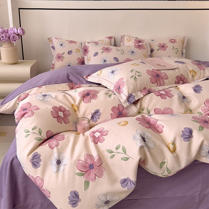 91家纺网 家纺一手货源 找家纺 优品阁 2024新款亲肤舒适全棉磨毛四件套学生三件套系列 好春光-紫