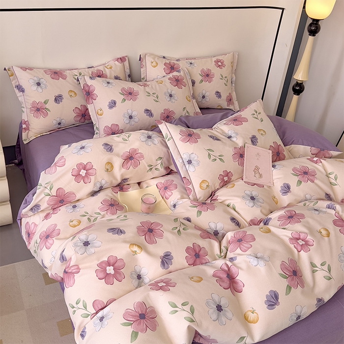 91家纺网 家纺一手货源 找家纺 优品阁 2024新款亲肤舒适全棉磨毛四件套学生三件套系列 好春光-紫