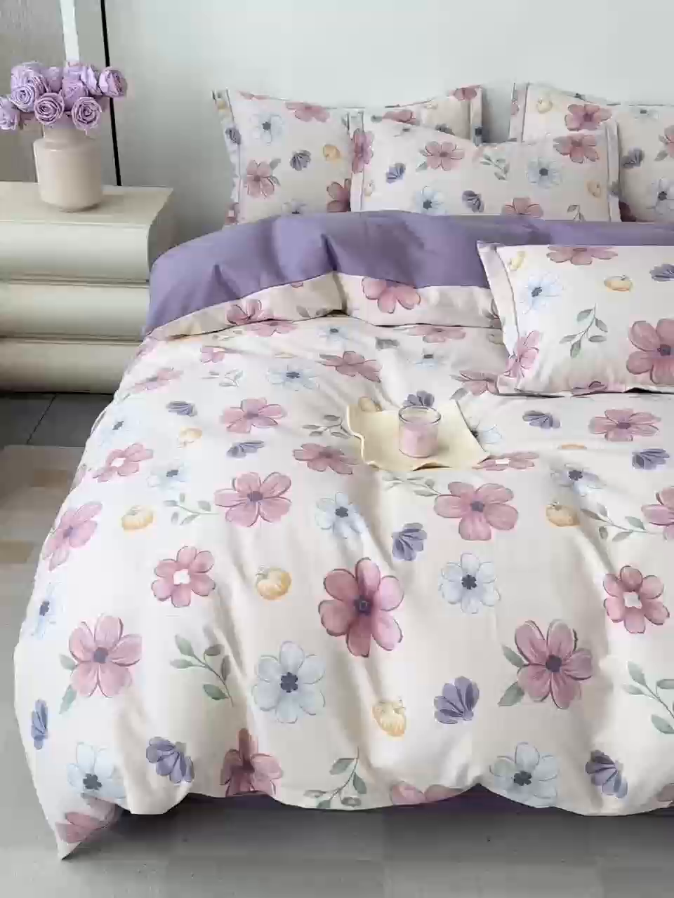 91家纺网 家纺一手货源 找家纺 优品阁 2024新款亲肤舒适全棉磨毛四件套学生三件套系列 好春光-紫