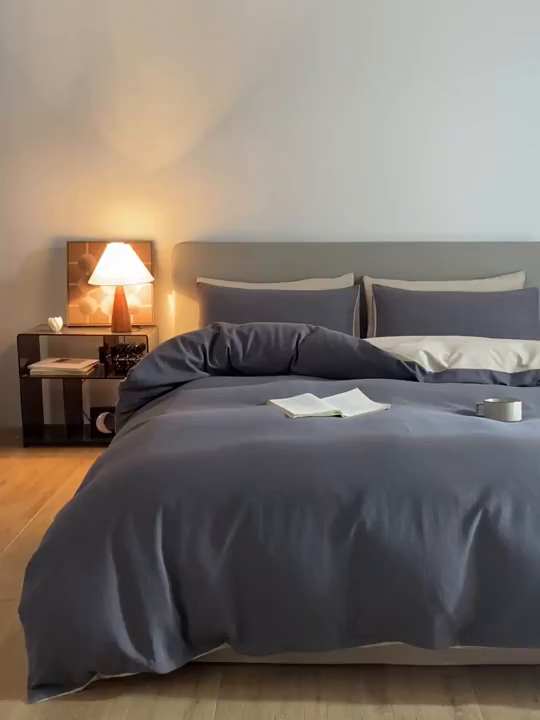 91家纺网 家纺一手货源 找家纺 慕尚家纺 2025新款100s全棉提花磨毛四件套 香灰+夕照白