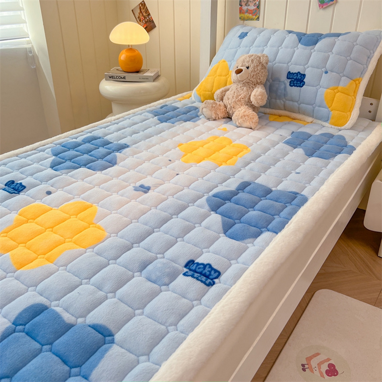 91家纺网 家纺一手货源 找家纺 喜居 2025新款印花牛奶绒夹棉床褥垫床垫子褥子 幸运星