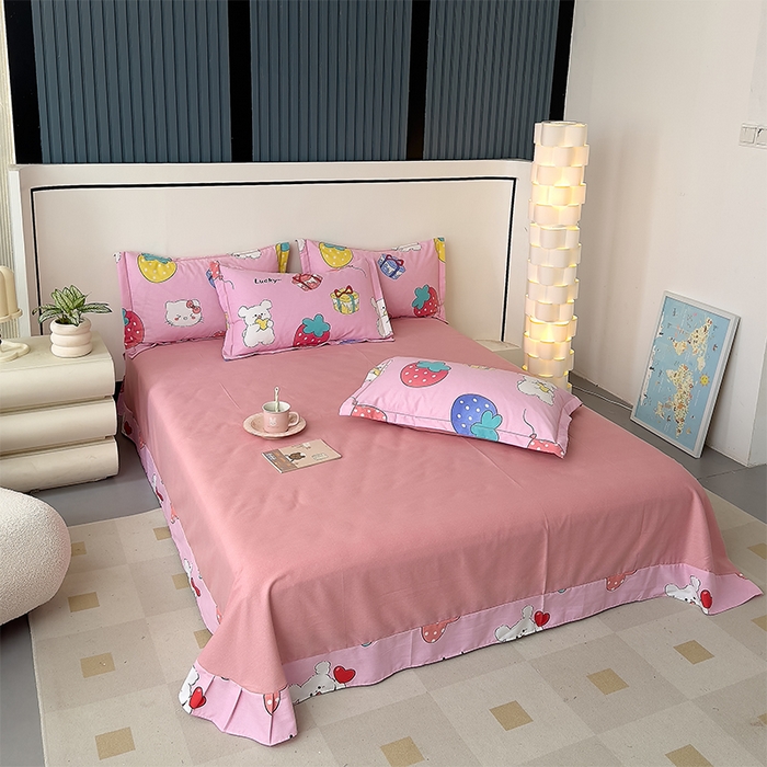 91家纺网 家纺一手货源 找家纺 优品阁 2024新款亲肤舒适全棉磨毛四件套学生三件套系列 萌宠精灵-粉