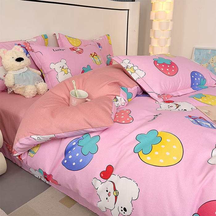 91家纺网 家纺一手货源 找家纺 优品阁 2024新款亲肤舒适全棉磨毛四件套学生三件套系列 萌宠精灵-粉