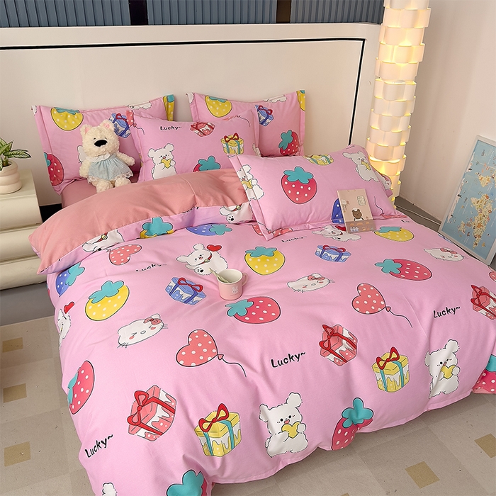 91家纺网 家纺一手货源 找家纺 优品阁 2024新款亲肤舒适全棉磨毛四件套学生三件套系列 萌宠精灵-粉