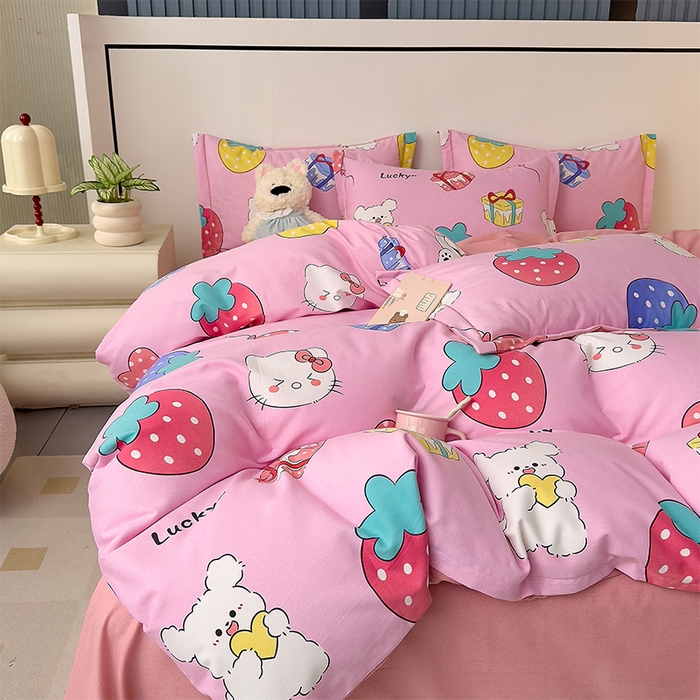 91家纺网 家纺一手货源 找家纺 优品阁 2024新款亲肤舒适全棉磨毛四件套学生三件套系列 萌宠精灵-粉