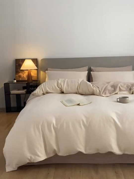 91家纺网 家纺一手货源 找家纺 慕尚家纺 2025新款100s全棉提花磨毛四件套 落日夕照+亚麻浅咖