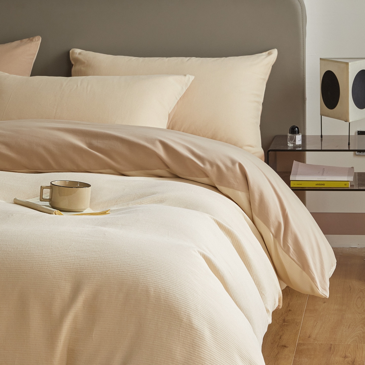 91家纺网 家纺一手货源 找家纺 慕尚家纺 2025新款100s全棉提花磨毛四件套 落日夕照+亚麻浅咖