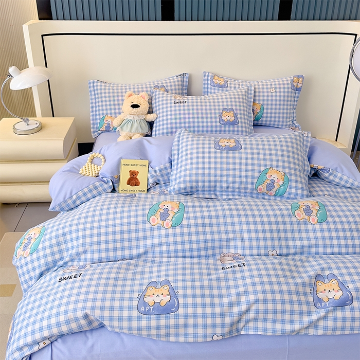 91家纺网 家纺一手货源 找家纺 优品阁 2024新款亲肤舒适全棉磨毛四件套学生三件套系列 喵喵-蓝