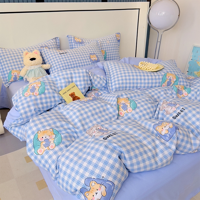 91家纺网 家纺一手货源 找家纺 优品阁 2024新款亲肤舒适全棉磨毛四件套学生三件套系列 喵喵-蓝