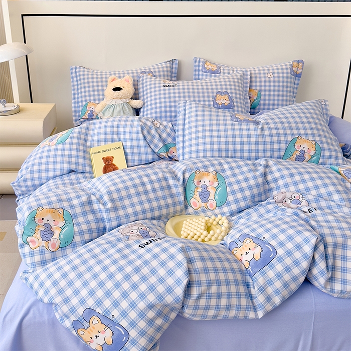 91家纺网 家纺一手货源 找家纺 优品阁 2024新款亲肤舒适全棉磨毛四件套学生三件套系列 喵喵-蓝