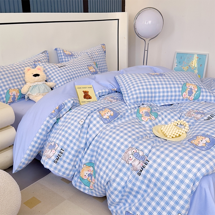 91家纺网 家纺一手货源 找家纺 优品阁 2024新款亲肤舒适全棉磨毛四件套学生三件套系列 喵喵-蓝