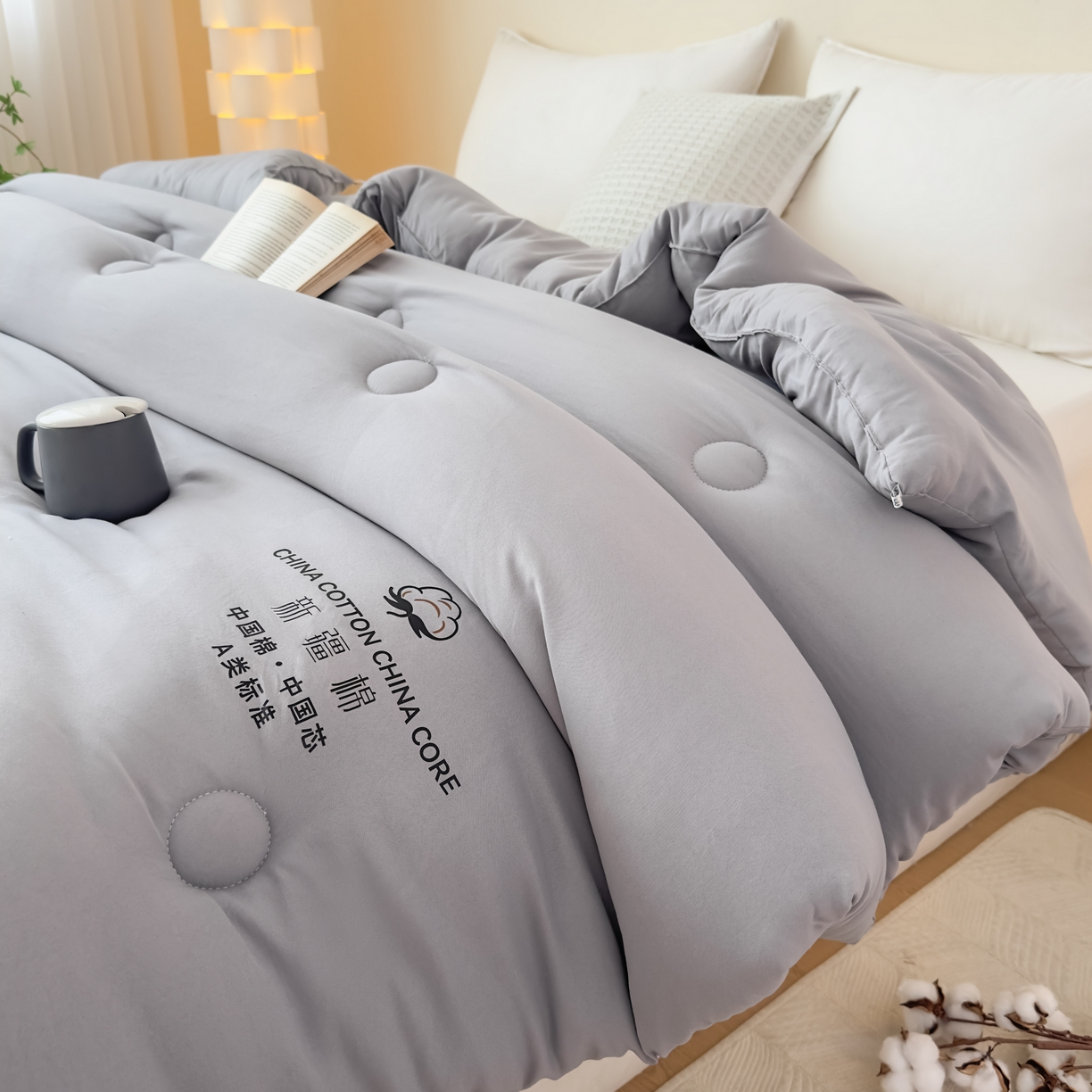 91家纺网 家纺一手货源 找家纺 承柔家纺 2025新款水洗棉棉花被 灰色