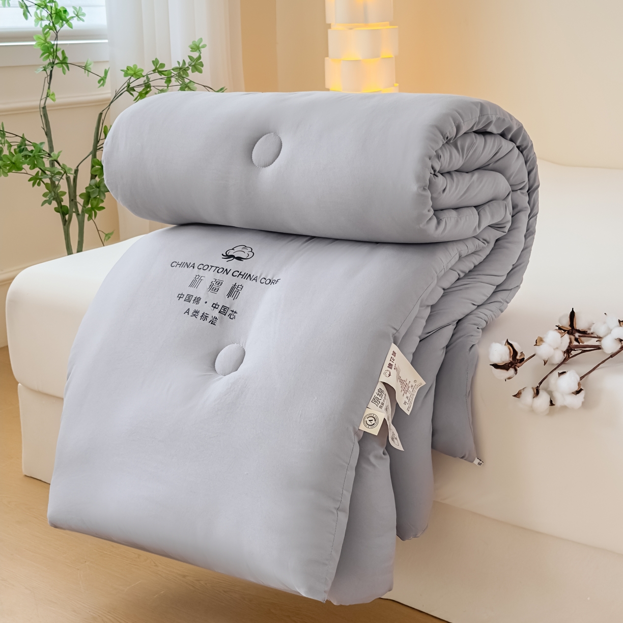 91家纺网 家纺一手货源 找家纺 承柔家纺 2025新款水洗棉棉花被 灰色
