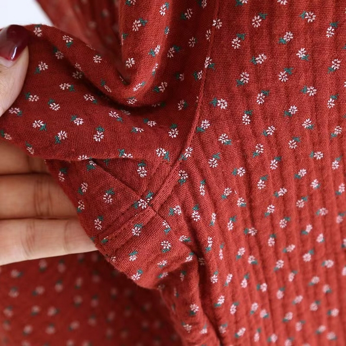 91家纺网 家纺一手货源 找家纺 （总）双梦毛巾 2025新款绉布女长裤酒红碎花