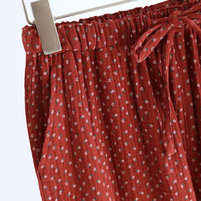 91家纺网 家纺一手货源 找家纺 （总）双梦毛巾 2025新款绉布女长裤酒红碎花