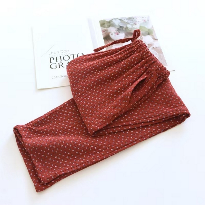 91家纺网 家纺一手货源 找家纺 （总）双梦毛巾 2025新款绉布女长裤酒红碎花