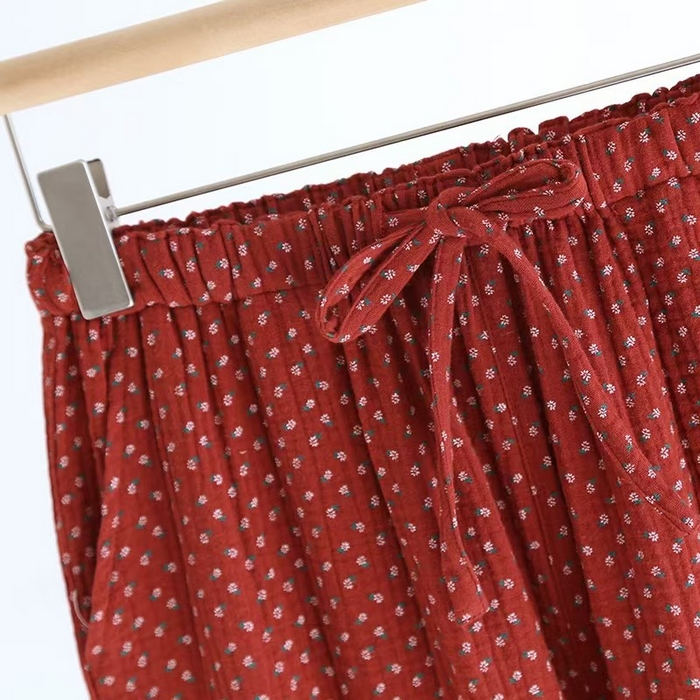 91家纺网 家纺一手货源 找家纺 （总）双梦毛巾 2025新款绉布女长裤酒红碎花