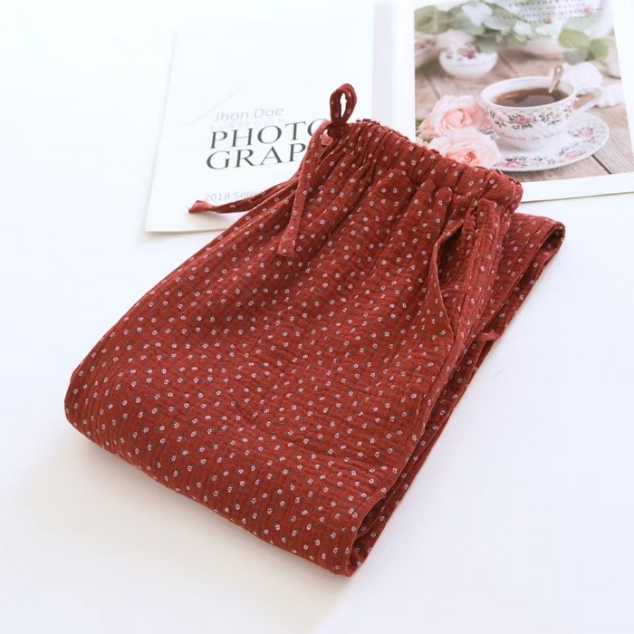 91家纺网 家纺一手货源 找家纺 （总）双梦毛巾 2025新款绉布女长裤酒红碎花