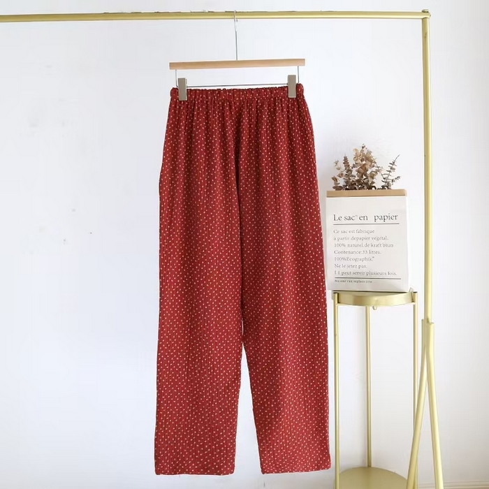 91家纺网 家纺一手货源 找家纺 （总）双梦毛巾 2025新款绉布女长裤酒红碎花