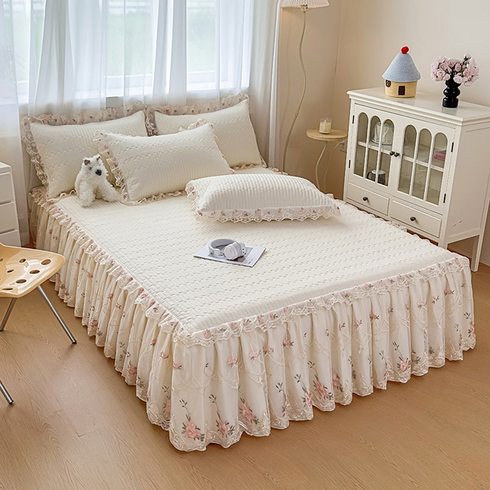 91家纺网 家纺一手货源 找家纺 鼎丰家纺 2025新款皱皱纱床裙-蜜恋系列 奶油黄