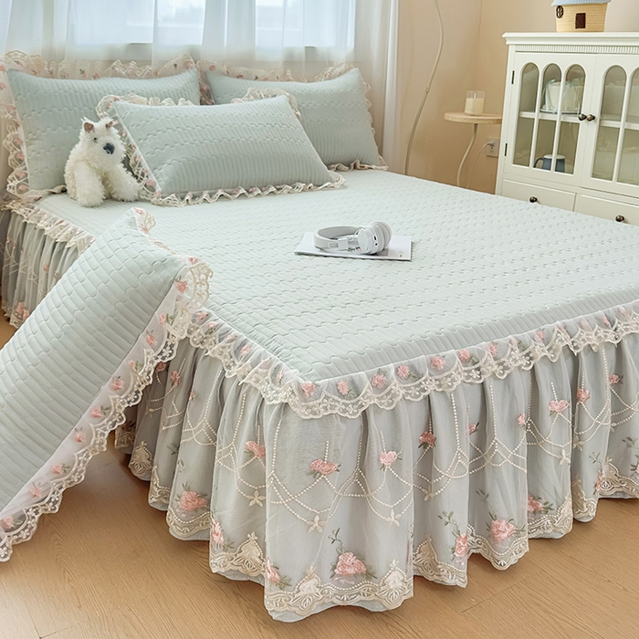 91家纺网 家纺一手货源 找家纺 鼎丰家纺 2025新款皱皱纱床裙-蜜恋系列 嫩绿