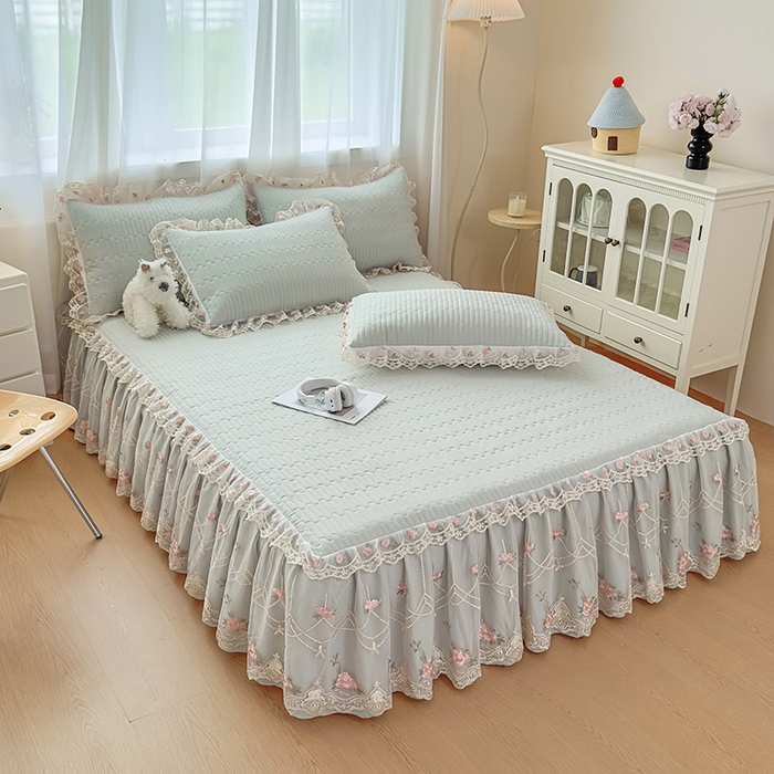 91家纺网 家纺一手货源 找家纺 鼎丰家纺 2025新款皱皱纱床裙-蜜恋系列 嫩绿