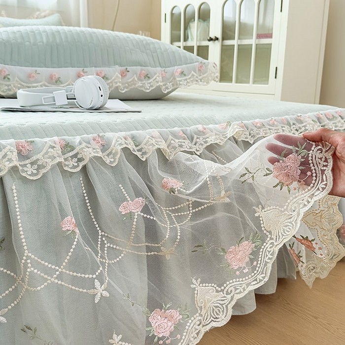 91家纺网 家纺一手货源 找家纺 鼎丰家纺 2025新款皱皱纱床裙-蜜恋系列 嫩绿