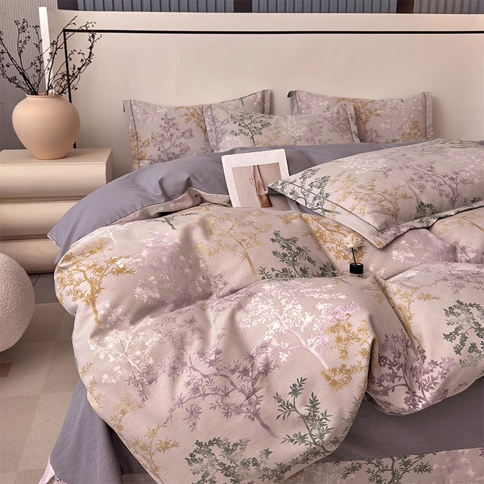 91家纺网 家纺一手货源 找家纺 优品阁 2024新款亲肤舒适全棉磨毛四件套学生三件套系列 暗木幽香-灰