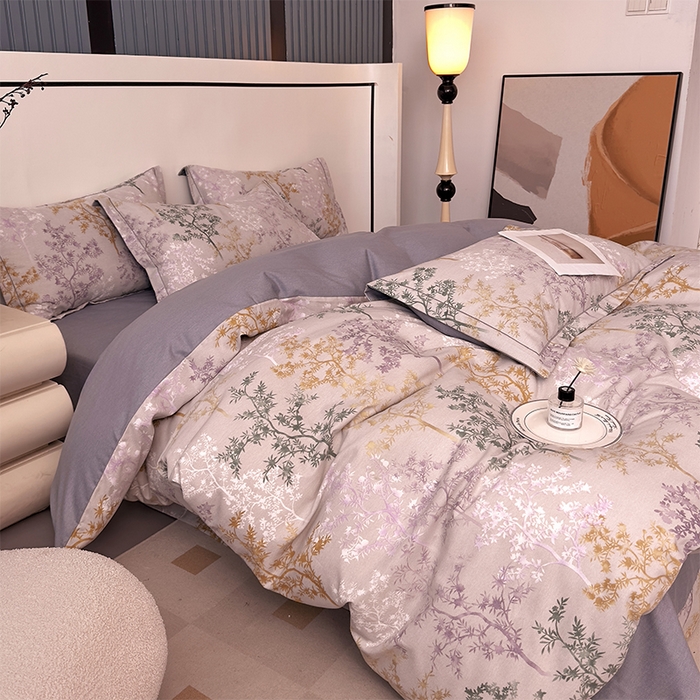 91家纺网 家纺一手货源 找家纺 优品阁 2024新款亲肤舒适全棉磨毛四件套学生三件套系列 暗木幽香-灰