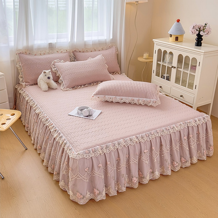 91家纺网 家纺一手货源 找家纺 鼎丰家纺 2025新款皱皱纱床裙-蜜恋系列 浅豆沙