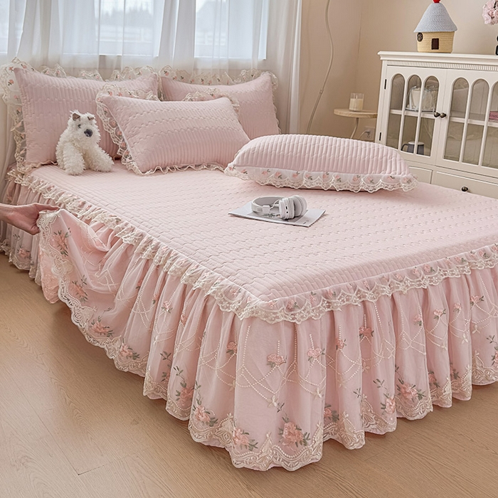 91家纺网 家纺一手货源 找家纺 鼎丰家纺 2025新款皱皱纱床裙-蜜恋系列 浅玉