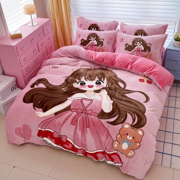 91家纺网 家纺一手货源 找家纺 宝薇 2025新款双面牛奶绒大版卡通印花四件套 美少女