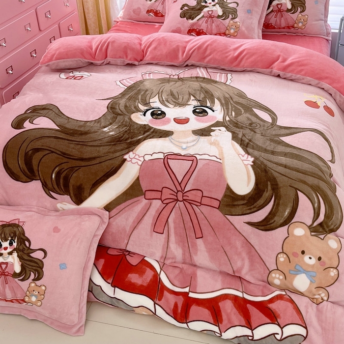 91家纺网 家纺一手货源 找家纺 宝薇 2025新款双面牛奶绒大版卡通印花四件套 美少女