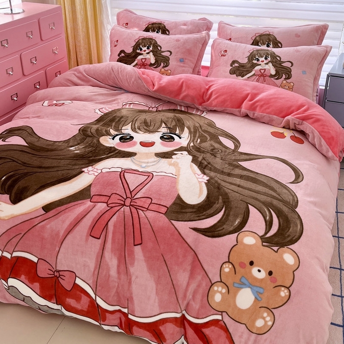 91家纺网 家纺一手货源 找家纺 宝薇 2025新款双面牛奶绒大版卡通印花四件套 美少女