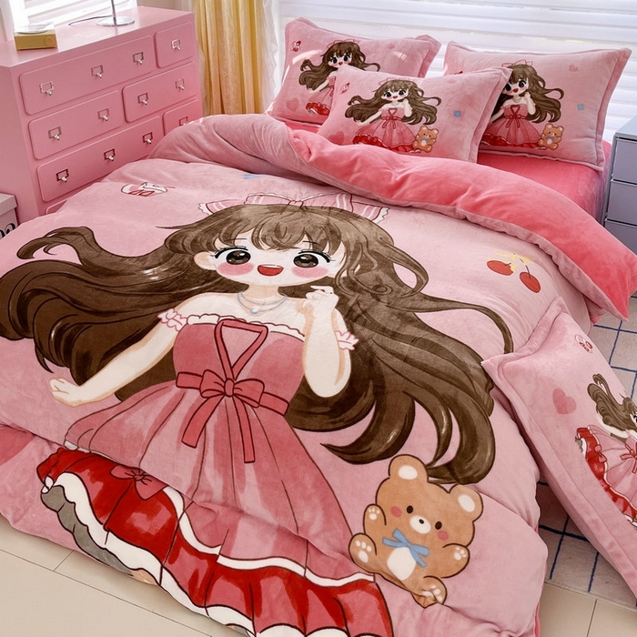 91家纺网 家纺一手货源 找家纺 宝薇 2025新款双面牛奶绒大版卡通印花四件套 美少女