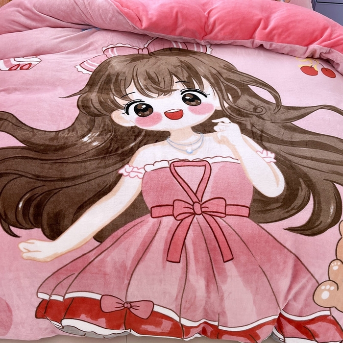 91家纺网 家纺一手货源 找家纺 宝薇 2025新款双面牛奶绒大版卡通印花四件套 美少女