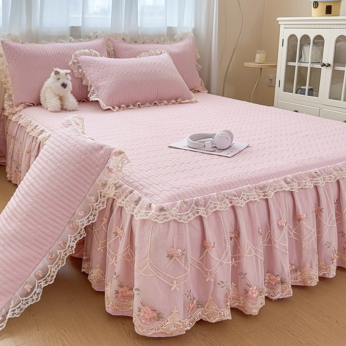 91家纺网 家纺一手货源 找家纺 鼎丰家纺 2025新款皱皱纱床裙-蜜恋系列 樱花粉