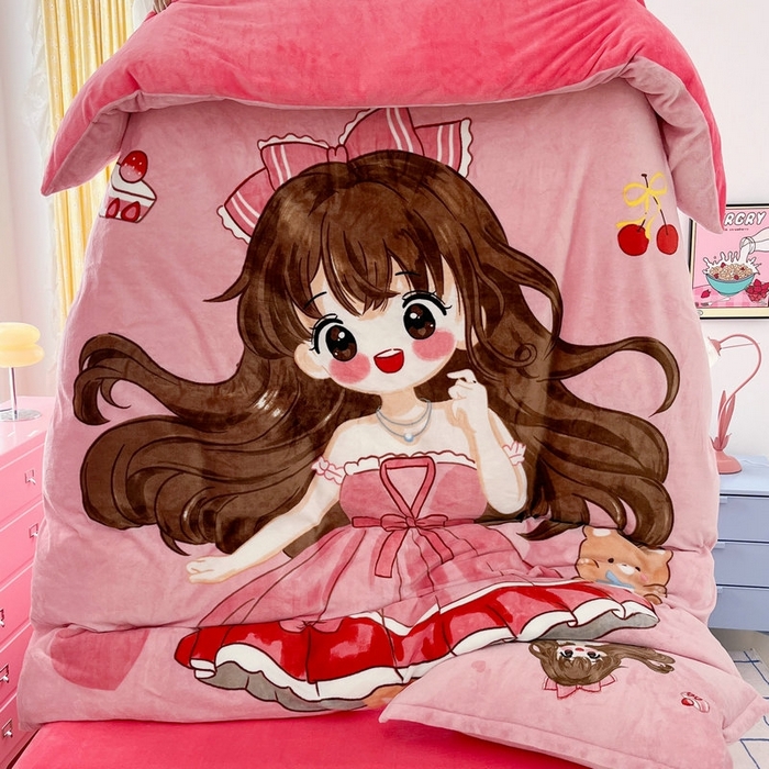 91家纺网 家纺一手货源 找家纺 宝薇 2025新款双面牛奶绒大版卡通印花四件套 美少女绒