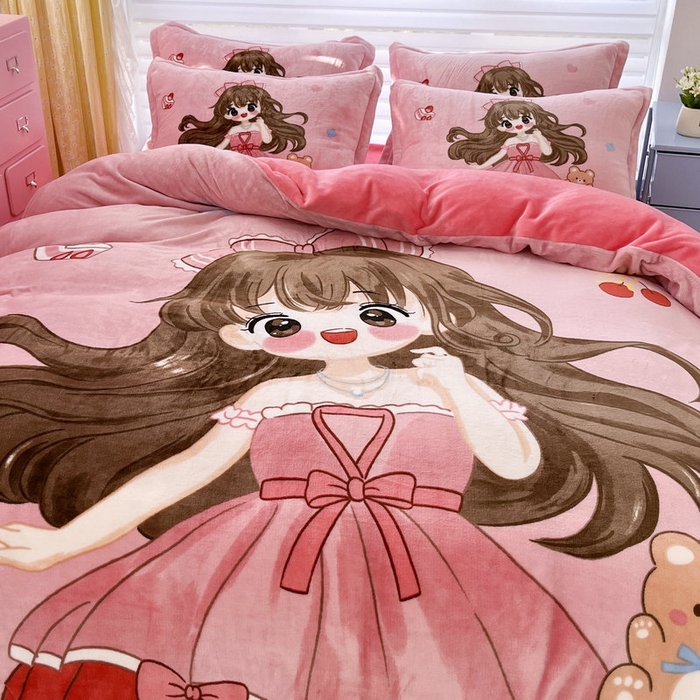 91家纺网 家纺一手货源 找家纺 宝薇 2025新款双面牛奶绒大版卡通印花四件套 美少女绒