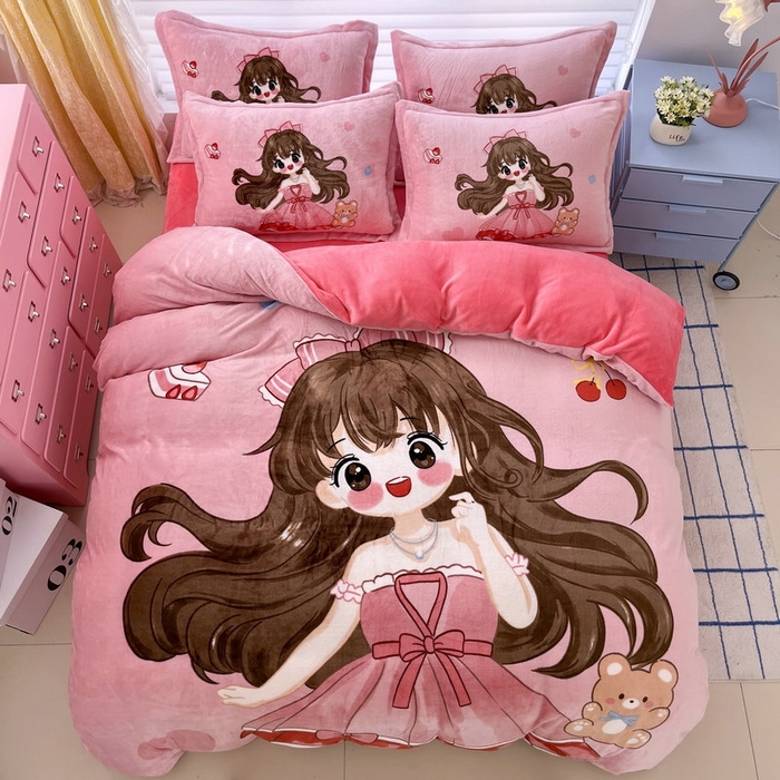 91家纺网 家纺一手货源 找家纺 宝薇 2025新款双面牛奶绒大版卡通印花四件套 美少女绒